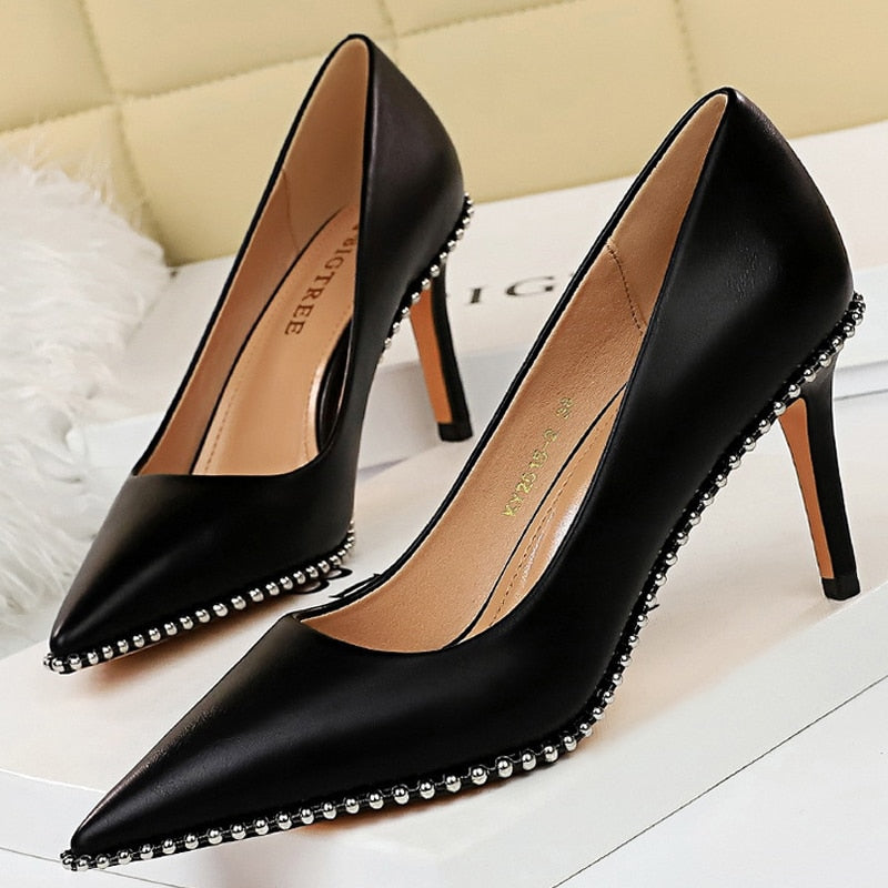 Shoes Rivet Woman Pumps High Heels Stiletto Pu Leather