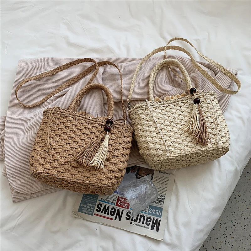 Fashion Tassel Straw Handbag Beach Hand-Woven Rattan Purse