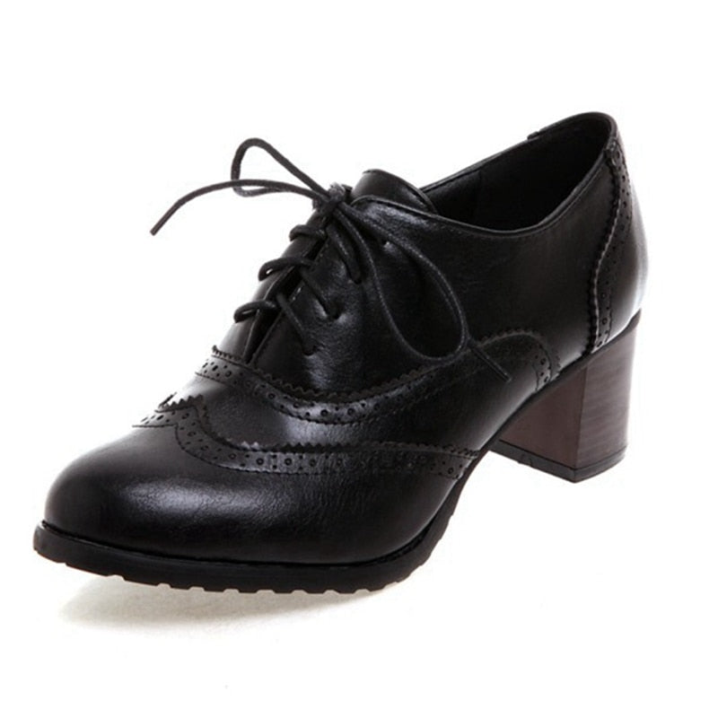 Women Pumps Round Toe 5.5cm Heels Platform Lace-Up Classic