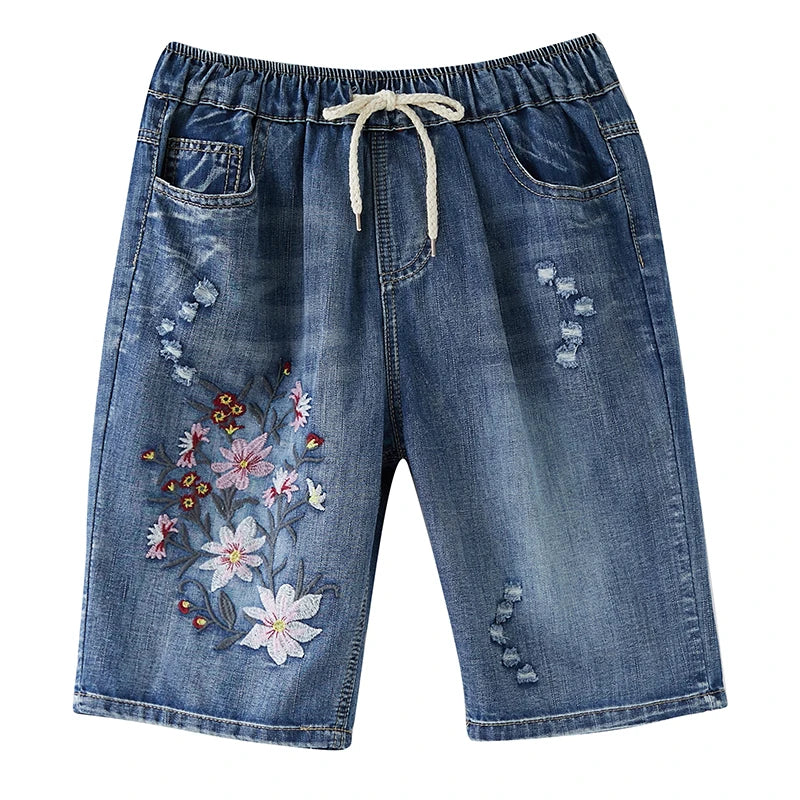 Style Elastic Waist Floral Embroidery Drawstring Ripped Shorts