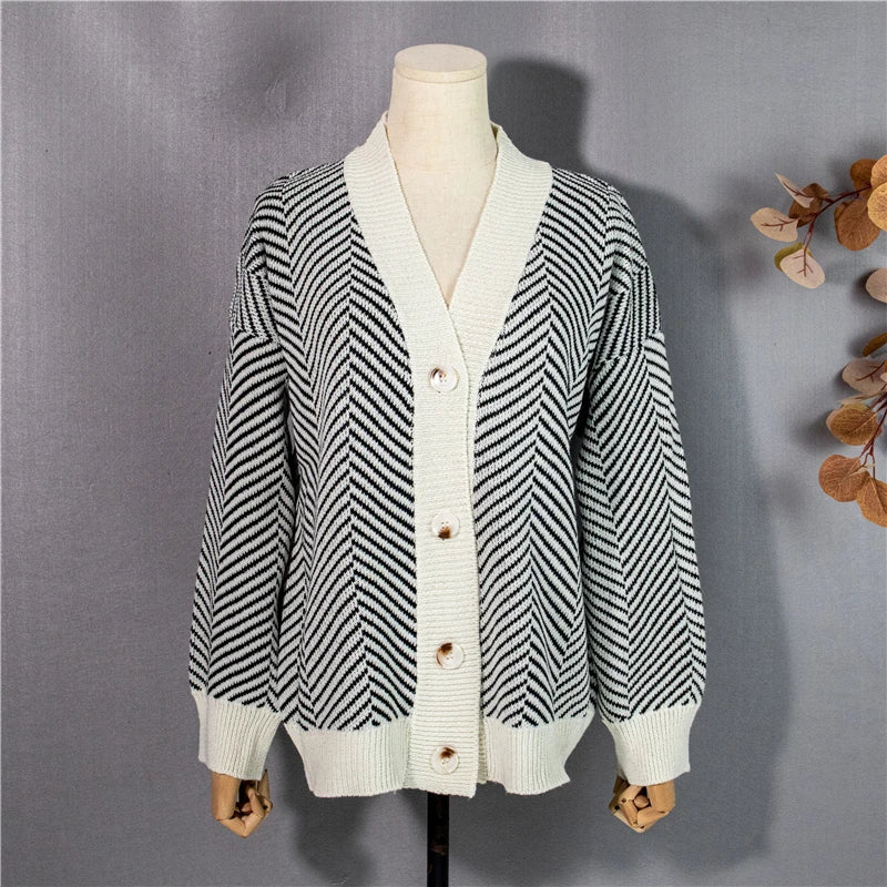 Oversized Striped Cardigans Knitted Vintage Sweater Tops