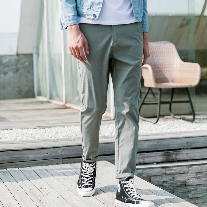 Casual Pants Men Cotton Slim Fit Chinos Ankle-Length Pants