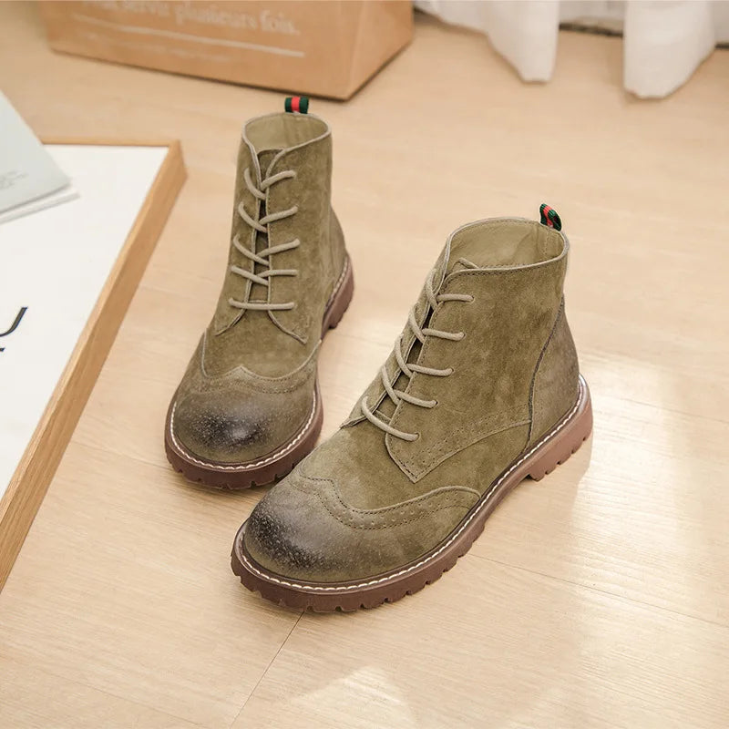 Autumn Female Boots Genuine Leather Women Shoes Suede Retro Trend