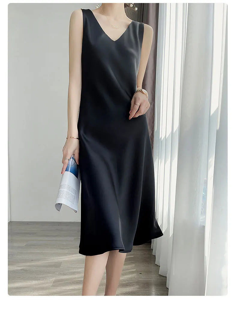 V-Neck Sleeveless Satin Party Long Maxi Dress Casual Sundress