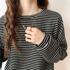 Stripe O-neck Long Sleeve Loose BasicShirt Oversize Knit Tops