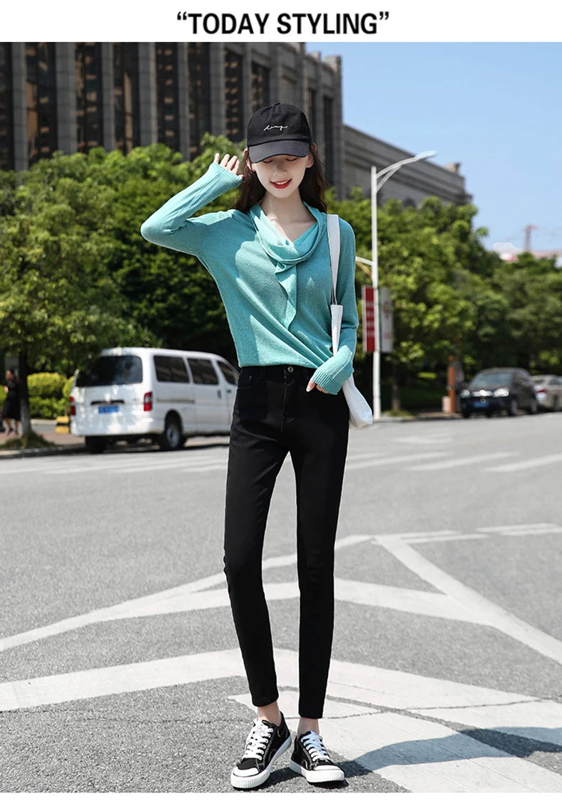 Colorful Fleece Velvet High Waist Jeans Denim Trousers Stretch Warm Pencil Pants