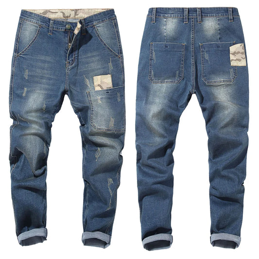 Men Camouflage splice Slim Stretch Jeans Classic Multi-pocket trousers Plus Size