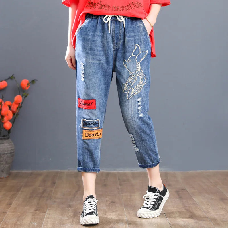 Harem Multi-Style Washed Hole Embroidery Casual Denim Pants