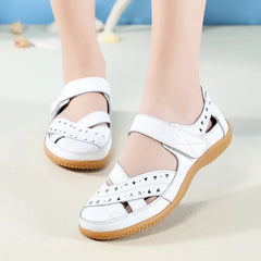 Women Genuine Leather Hollow White Shoes Sandals Flats Loafers