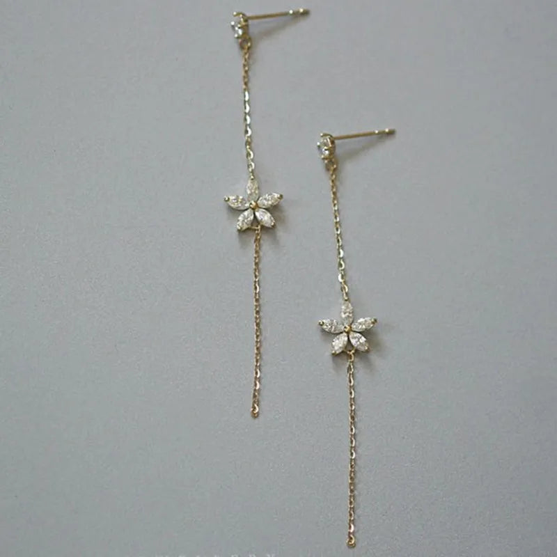 Plated Gold Long Tassel Zircon Flower Earrings