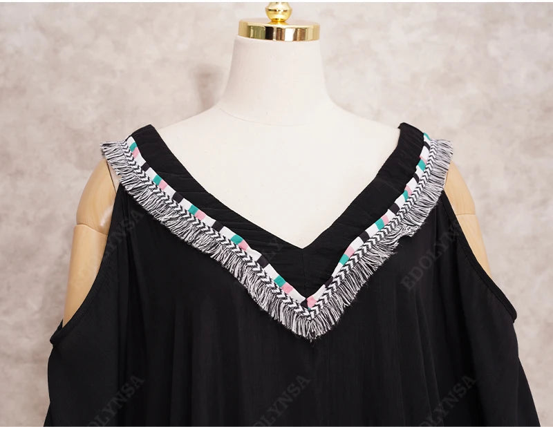 Slimming Black Tunic kaftan V-neck Off Shoulder Plus Mini Dress