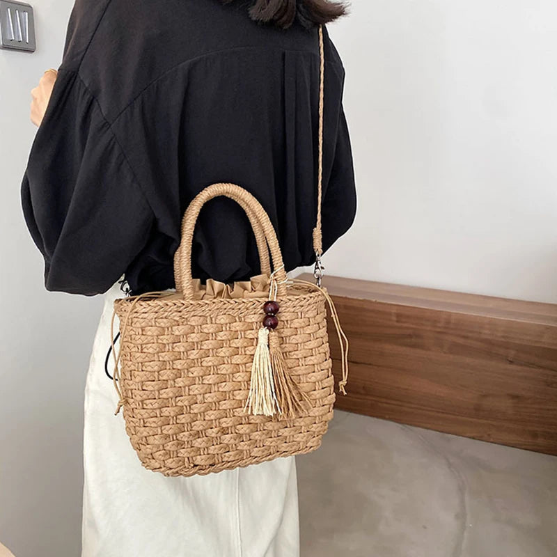 Fashion Tassel Straw Handbag Beach Hand-Woven Rattan Purse