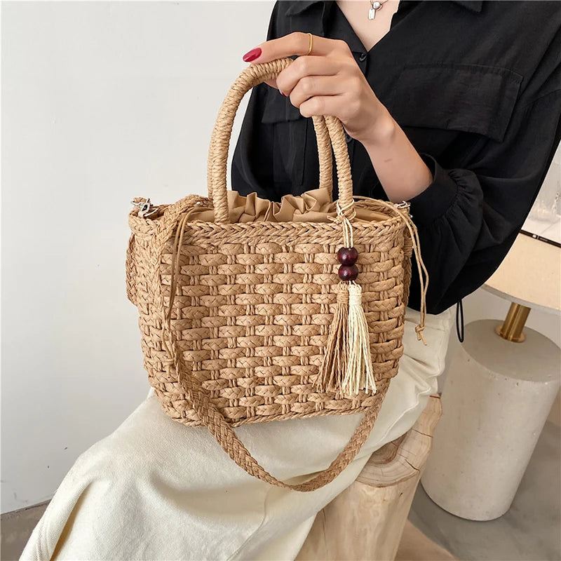 Fashion Tassel Straw Handbag Beach Hand-Woven Rattan Purse