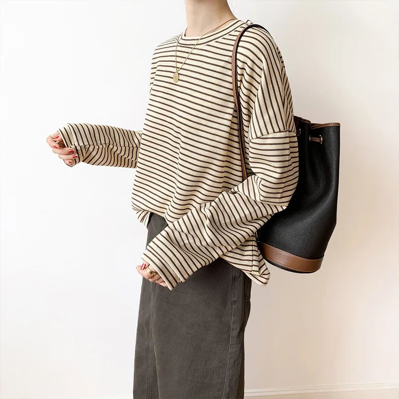 Stripe O-neck Long Sleeve Loose BasicShirt Oversize Knit Tops