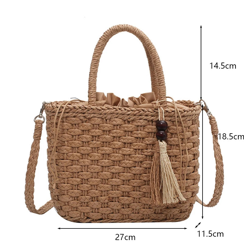 Fashion Tassel Straw Handbag Beach Hand-Woven Rattan Purse