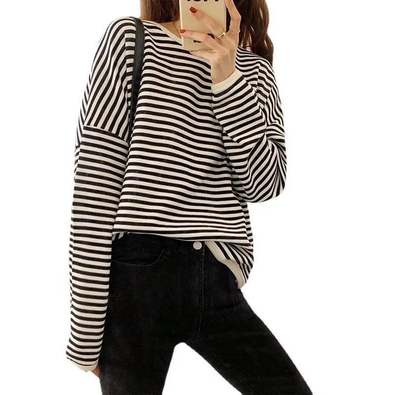 Sweatshirt Spring Thin Stripe Pullovers Oversize O-neck Casual