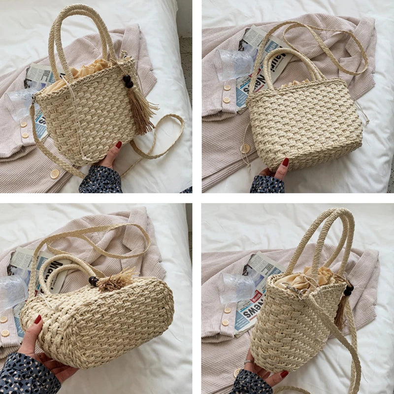 Fashion Tassel Straw Handbag Beach Hand-Woven Rattan Purse