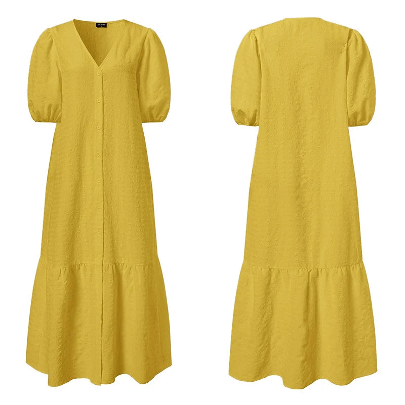 Summer Casual Solid Color Robe V Neck Puff Sleeve Stylish Maxi Sundress