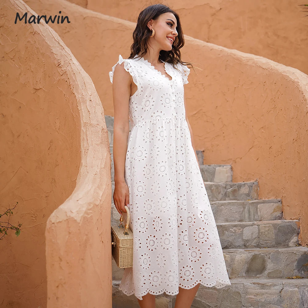 Simple Casual Solid Hollow Out Cotton Style High Waist Fashion Dress