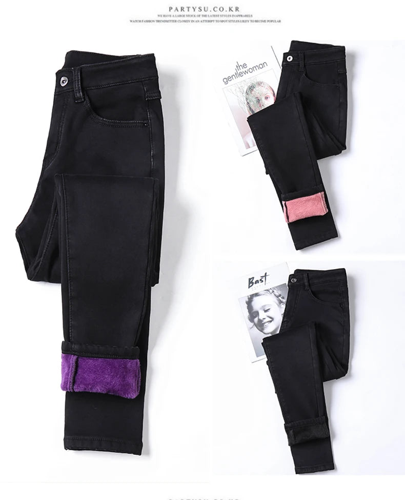 Colorful Fleece Velvet High Waist Jeans Denim Trousers Stretch Warm Pencil Pants