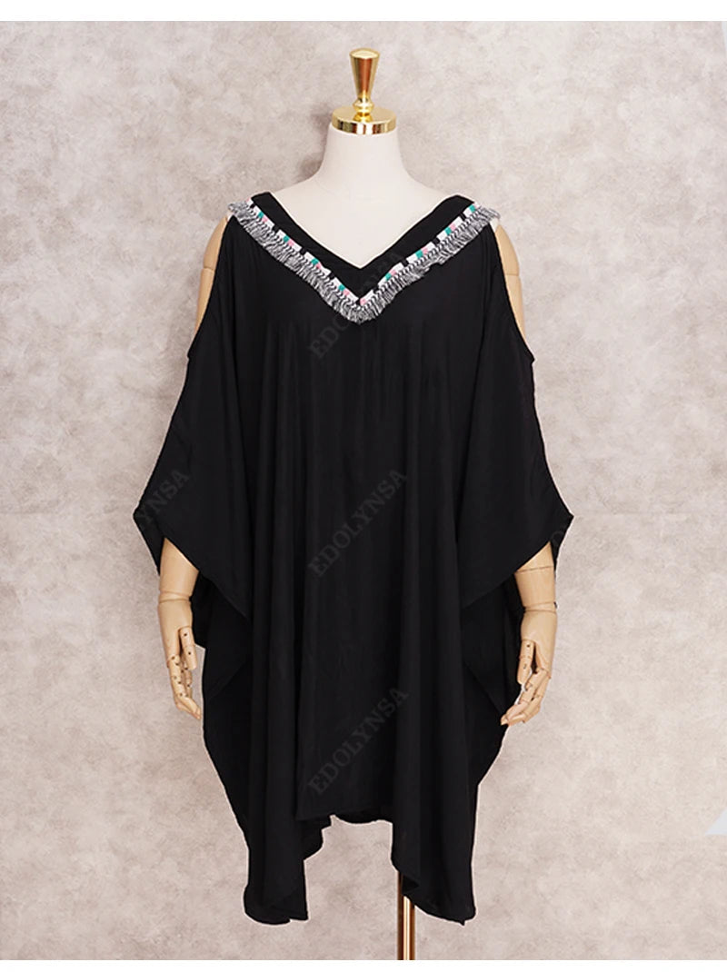 Slimming Black Tunic kaftan V-neck Off Shoulder Plus Mini Dress