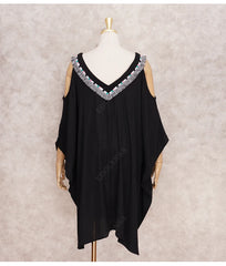 Slimming Black Tunic kaftan V-neck Off Shoulder Plus Mini Dress