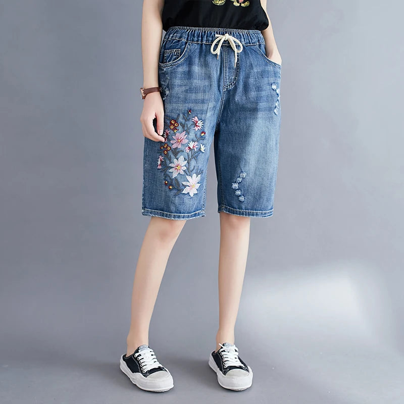 Style Elastic Waist Floral Embroidery Drawstring Ripped Shorts