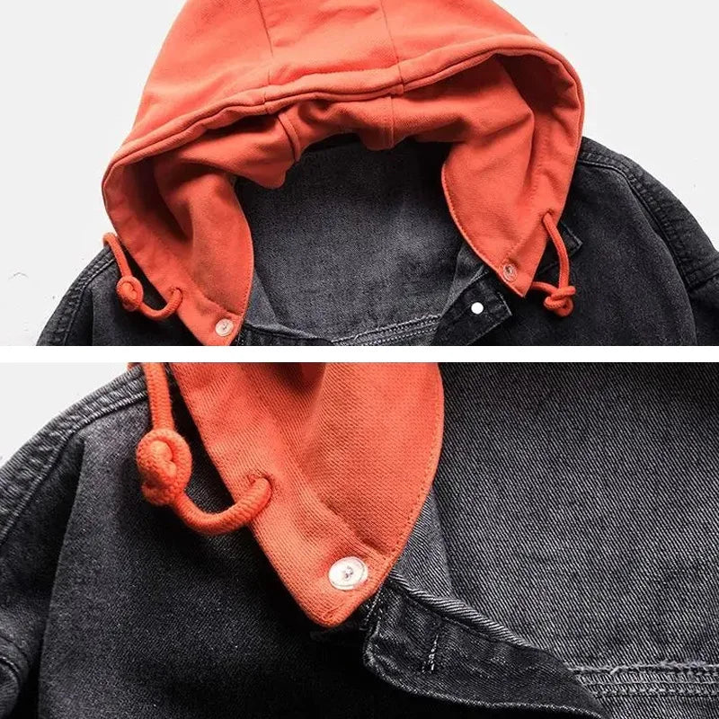 Hooded Turn-down Collar Denim Jacket Button Outwear