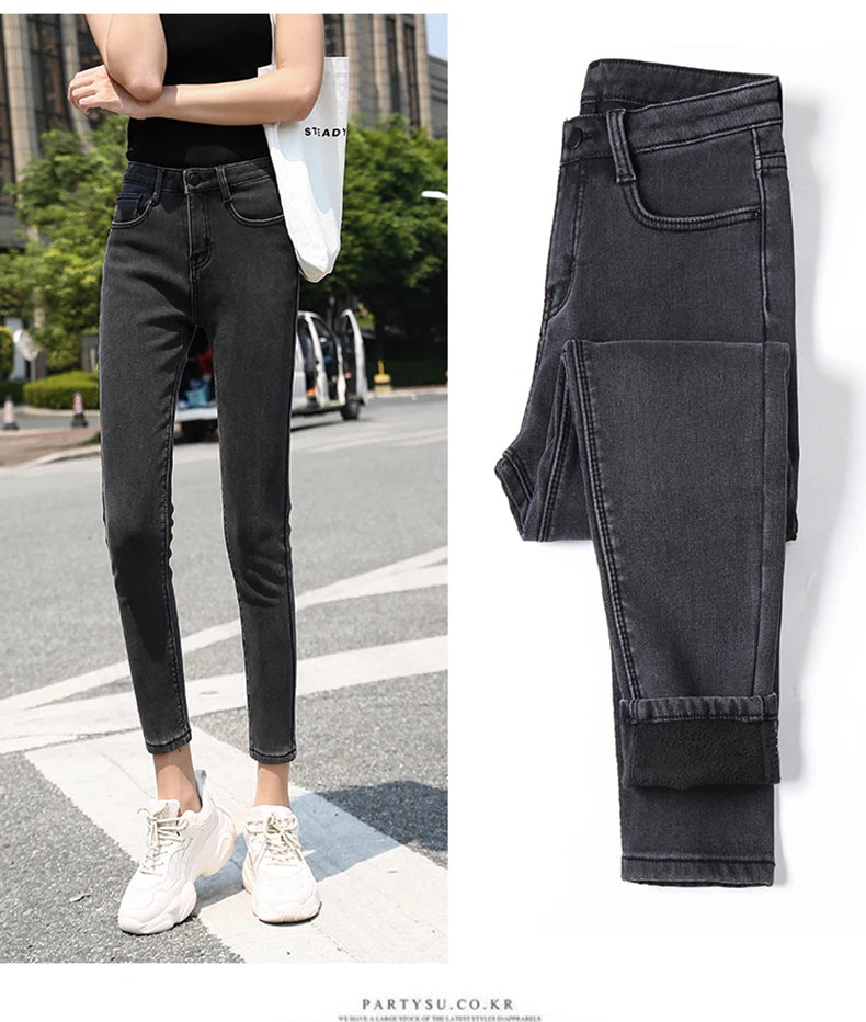 Colorful Fleece Velvet High Waist Jeans Denim Trousers Stretch Warm Pencil Pants