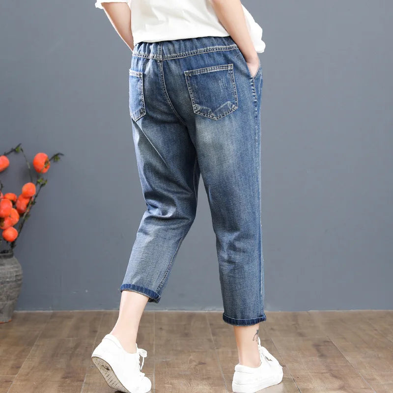 Harem Multi-Style Washed Hole Embroidery Casual Denim Pants