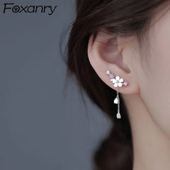 Silver Color Stud Earrings for Women Trendy Flowers Tassel Jewelry