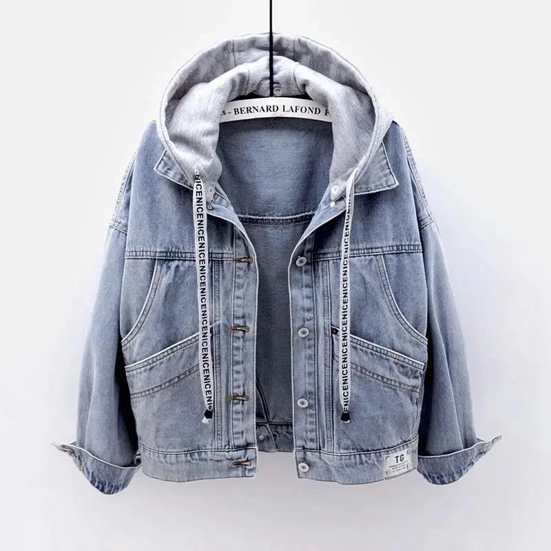 Hooded Turn-down Collar Denim Jacket Button Outwear