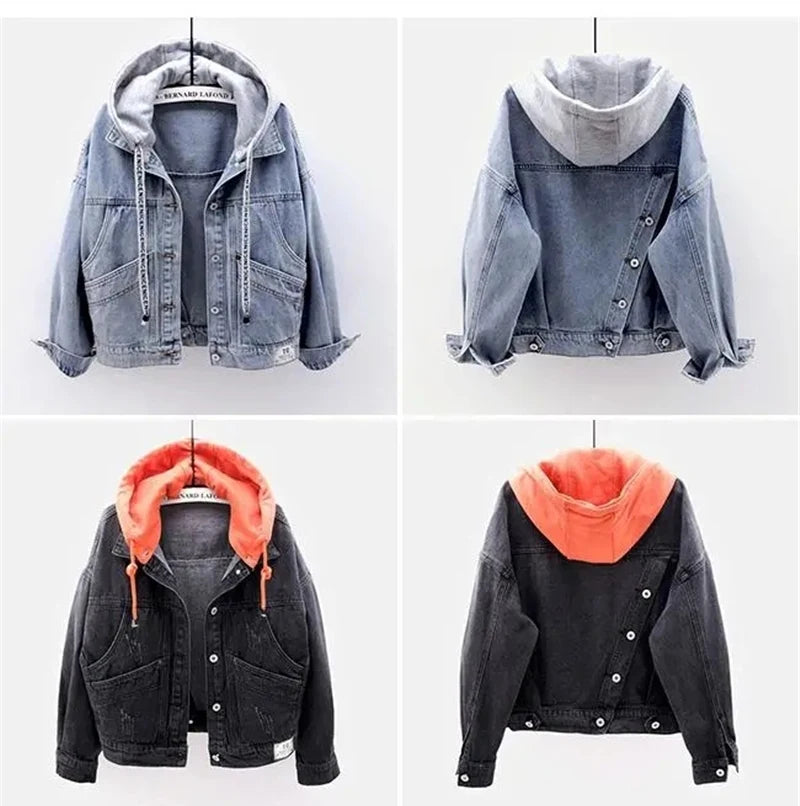 Hooded Turn-down Collar Denim Jacket Button Outwear