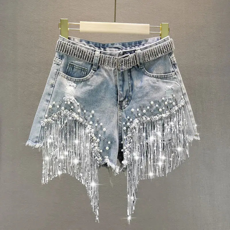 Summer Lady Tassel Beading High Waist Wide Leg Denim Shorts