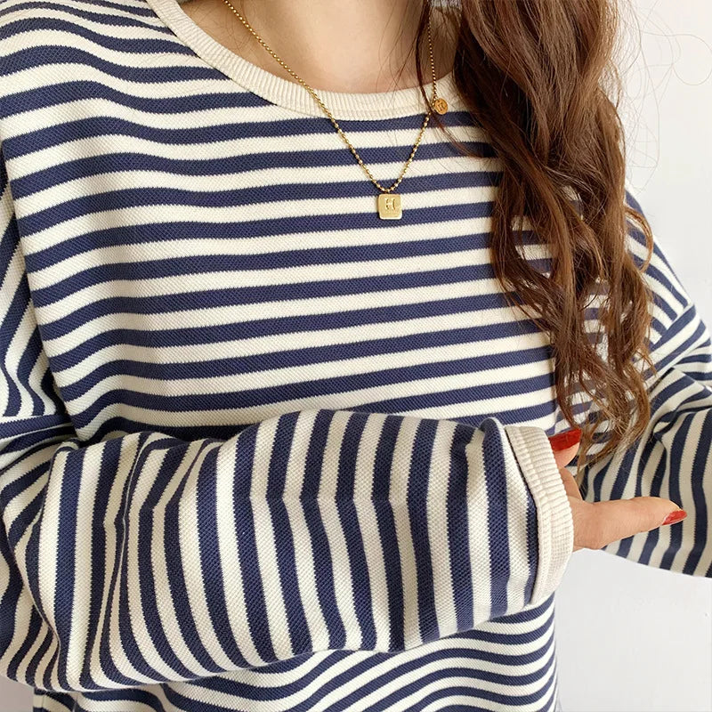 Sweatshirt Spring Thin Stripe Pullovers Oversize O-neck Casual