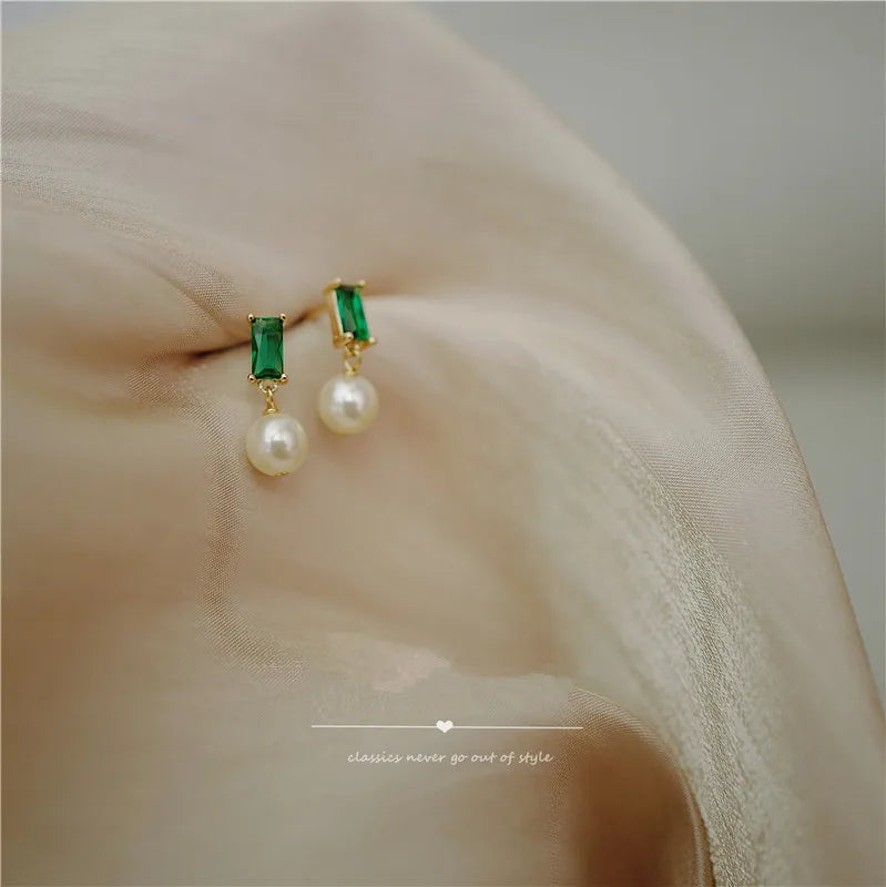 Simple Style Emerald Pearl Earrings