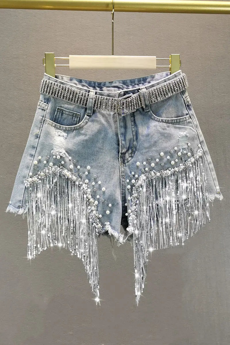 Summer Lady Tassel Beading High Waist Wide Leg Denim Shorts