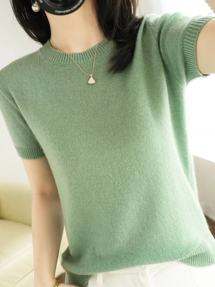 Short-sleeved Knitwear O-neck T-shirt Pullover Tops Sweater