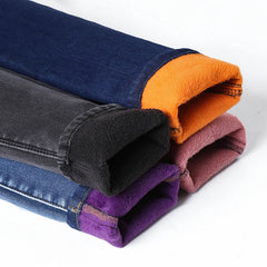 Colorful Fleece Velvet High Waist Jeans Denim Trousers Stretch Warm Pencil Pants