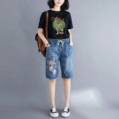 Style Elastic Waist Floral Embroidery Drawstring Ripped Shorts