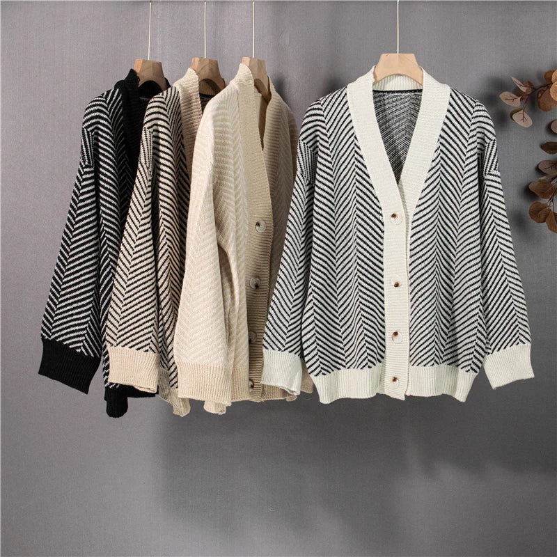 Oversized Striped Cardigans Knitted Vintage Sweater Tops