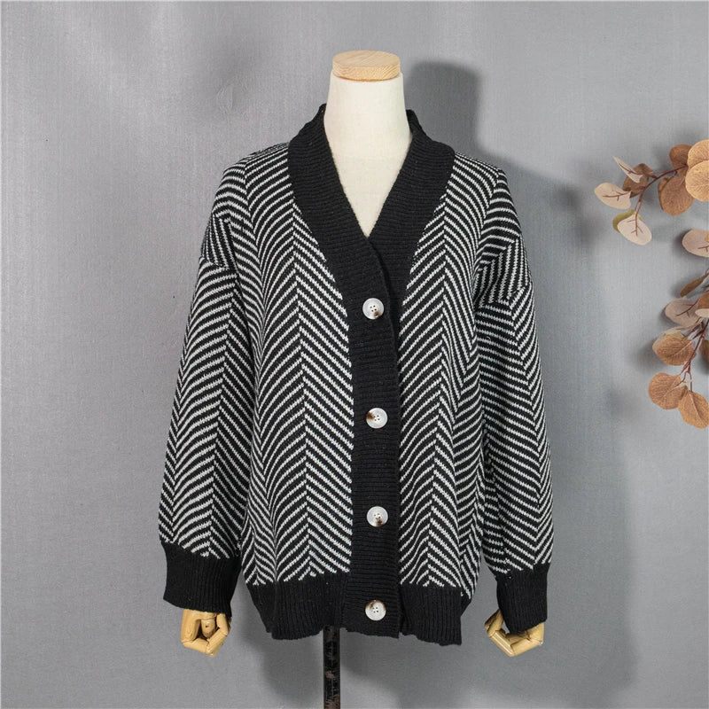 Oversized Striped Cardigans Knitted Vintage Sweater Tops