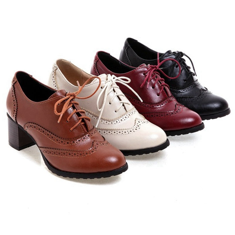 Women Pumps Round Toe 5.5cm Heels Platform Lace-Up Classic