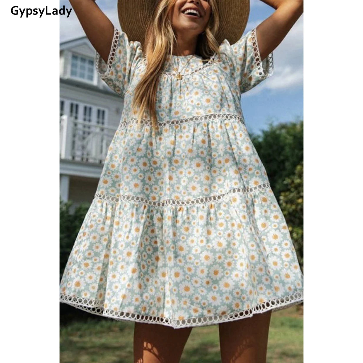 Daisy Floral Print Boho Mini Dress Vintage Ruffle Chic