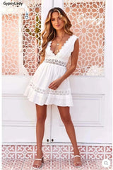 Cotton Lace Mini Dress Summer Backless Ruffle Ladies