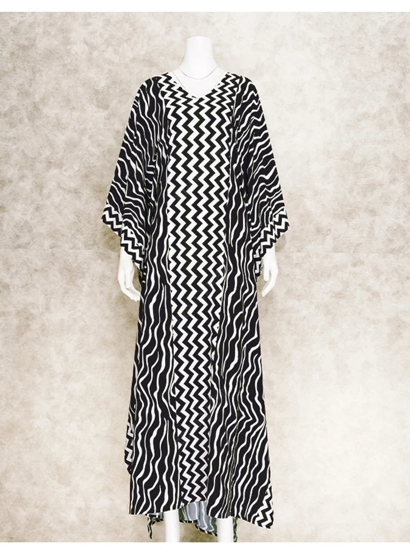 Retro Striped Batwing Sleeve Plus Size Loose Maxi Dress