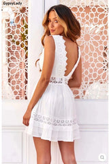 Cotton Lace Mini Dress Summer Backless Ruffle Ladies