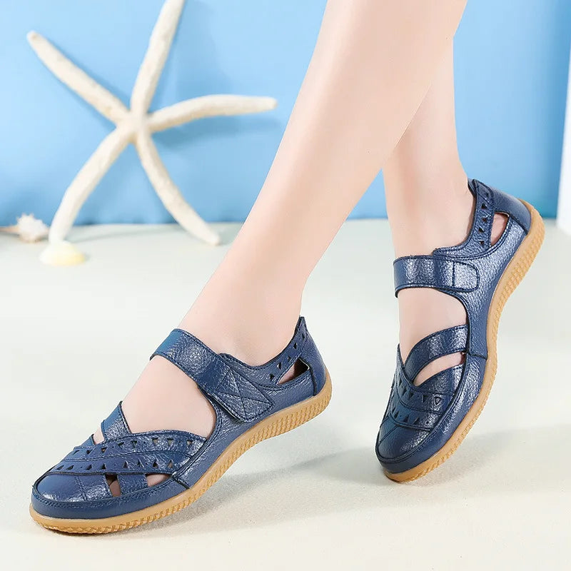 Women Genuine Leather Hollow White Shoes Sandals Flats Loafers