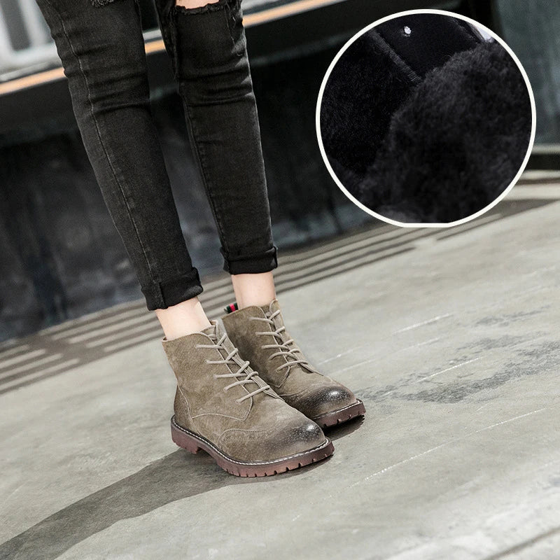 Autumn Female Boots Genuine Leather Women Shoes Suede Retro Trend