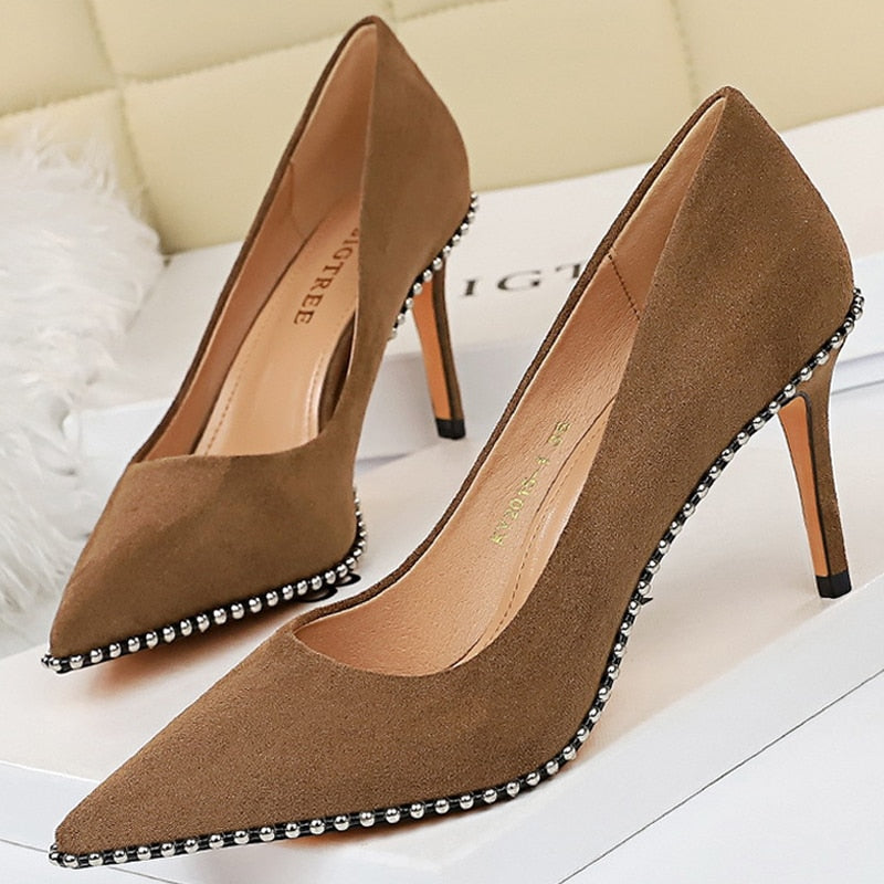 Shoes Rivet Woman Pumps High Heels Stiletto Pu Leather